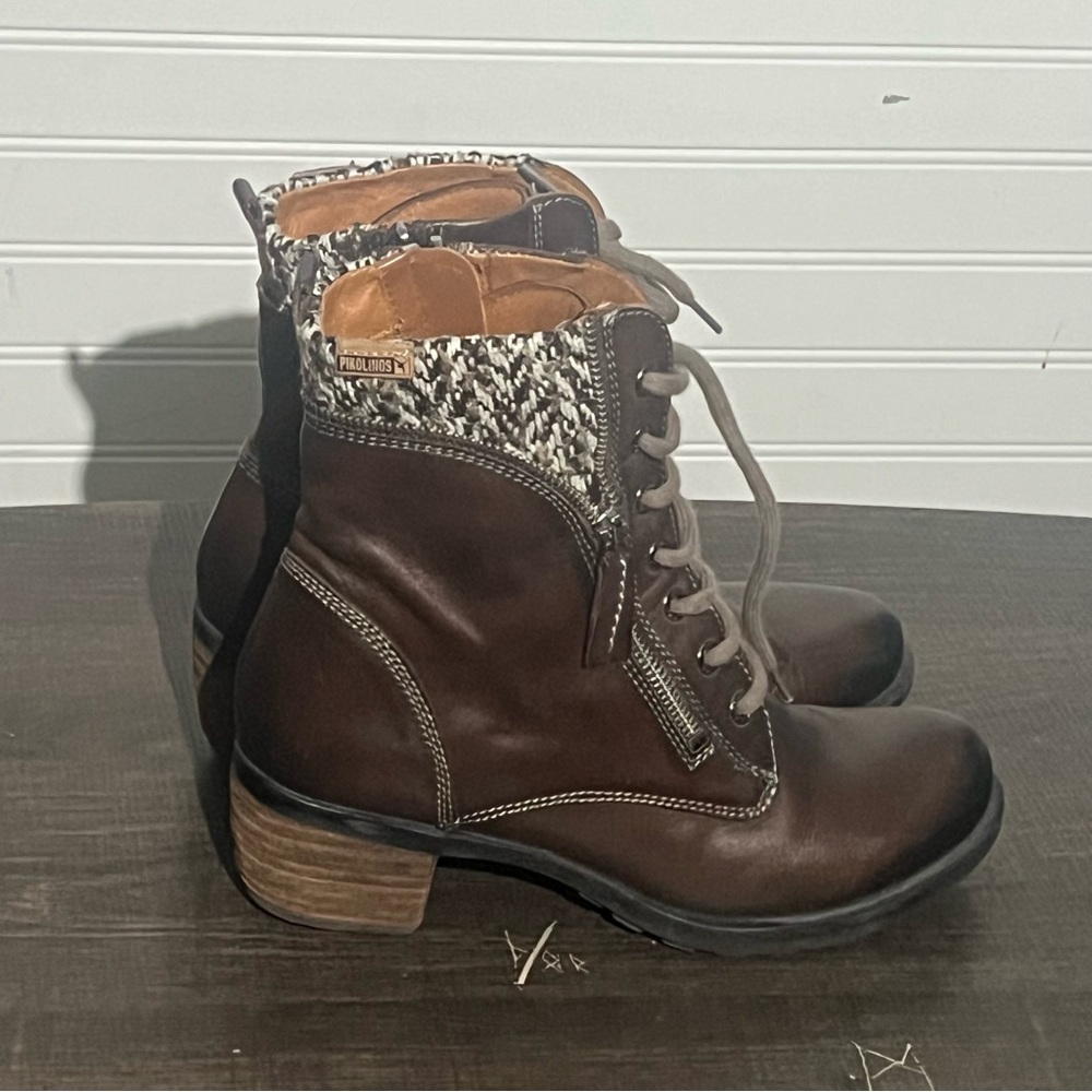 PIKOLINOS LenMans Brown Lace-Up Leather Ankle Boots Knit Collar Accent Size 38
